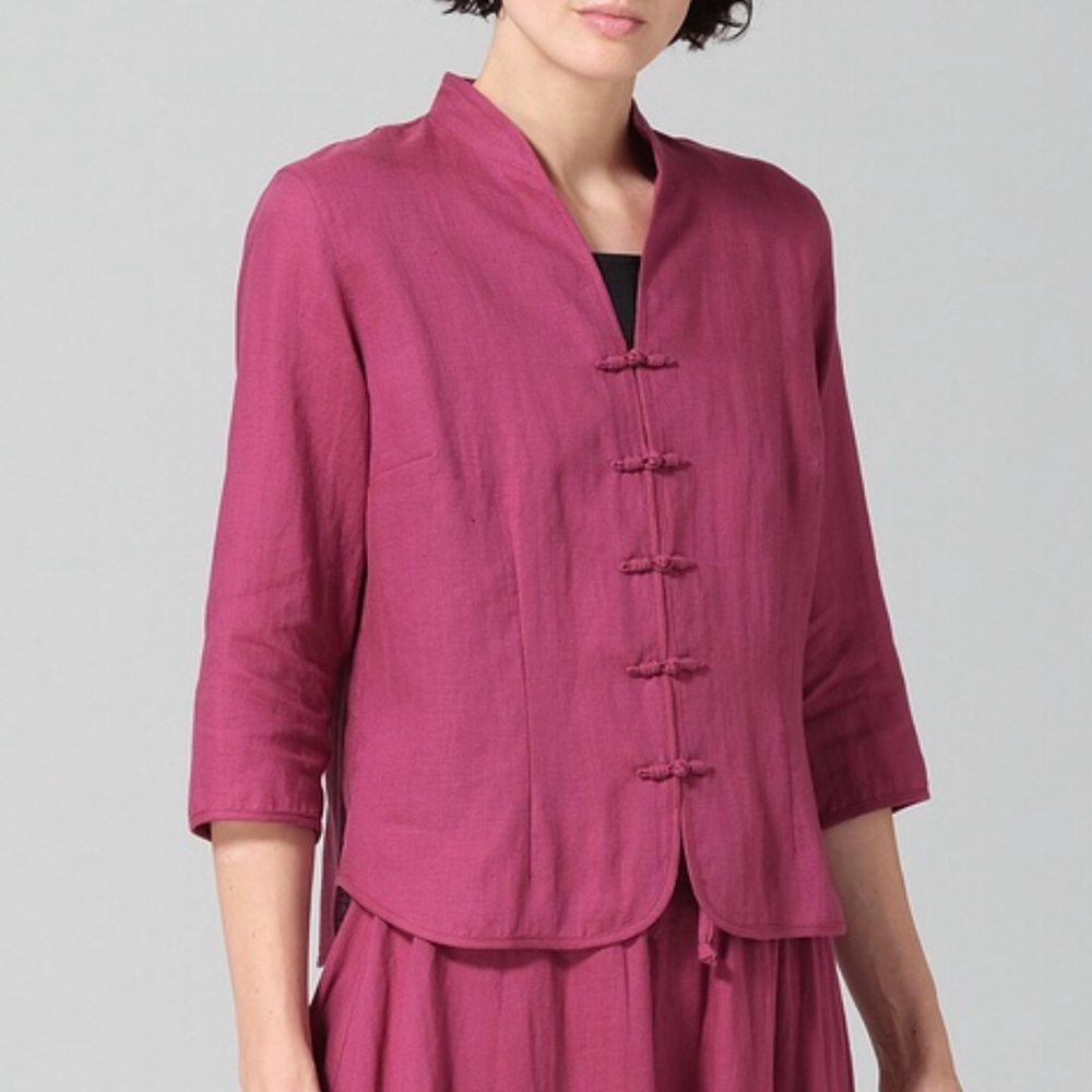 Vivid Premium Linen Chinese Button Jacket Size S Red Violet Modern Natural Comfy